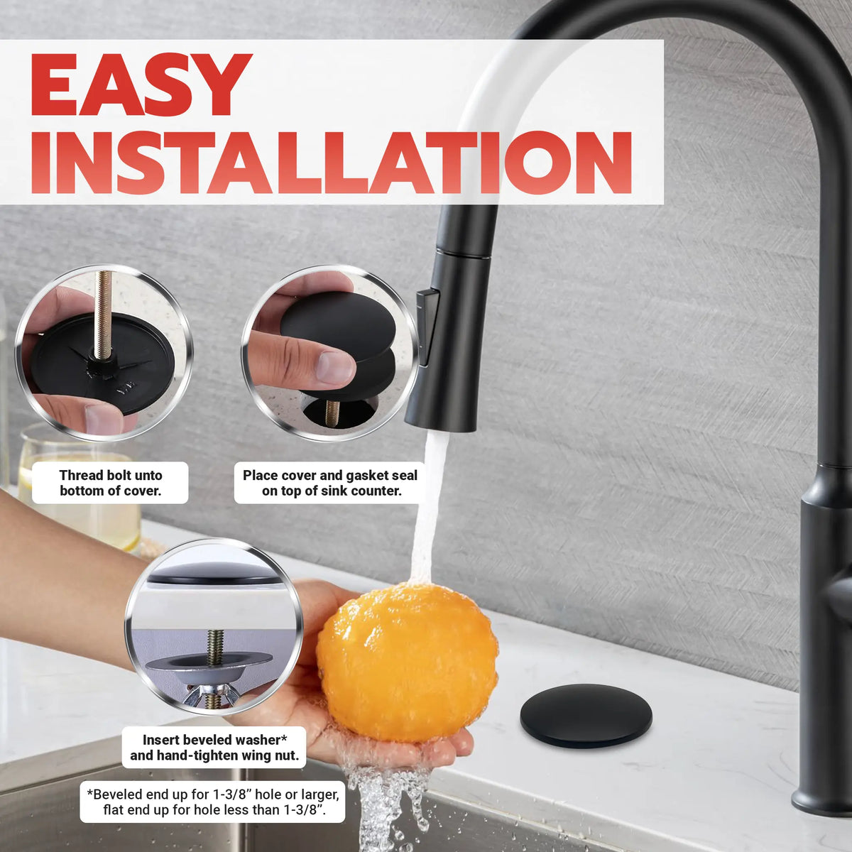 Metpure 2 inch stainless steel kitchen sink faucet hole cover with rubber gasket