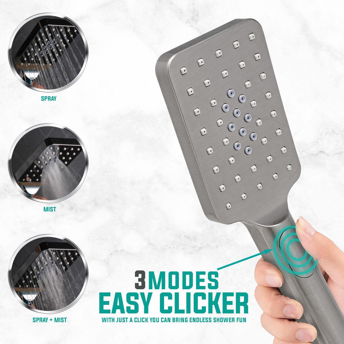Metpure rectangle handheld shower head, 3 sprays, Easy Clicker, brushed nickel - view 5