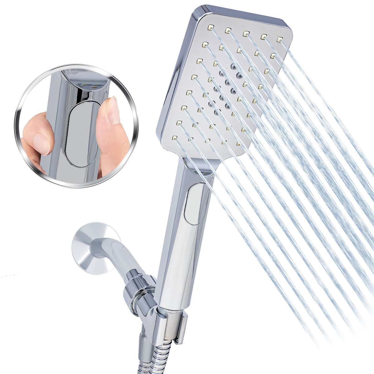 Metpure rectangle handheld shower head with Easy Clicker button, stainless steel hose and adjustable mount