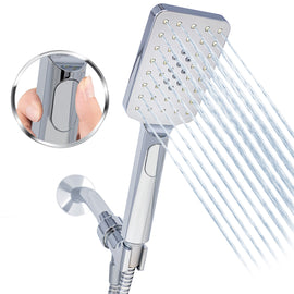 Metpure High-Pressure Handheld Shower Head with Easy Clicker for Multiple Sprays. Low Profile Lightweight Rectangular Shower Head. Stainless Steel Hose & Adjustable Mount Holder. Chrome Finish