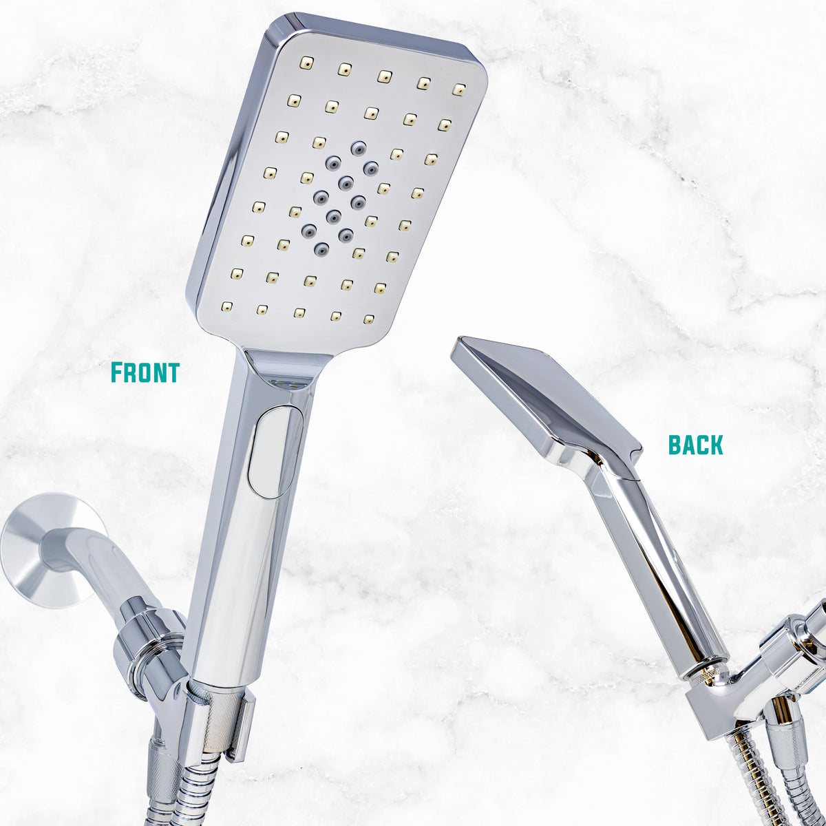 Metpure rectangle handheld shower head, 3 sprays, Easy Clicker, chrome