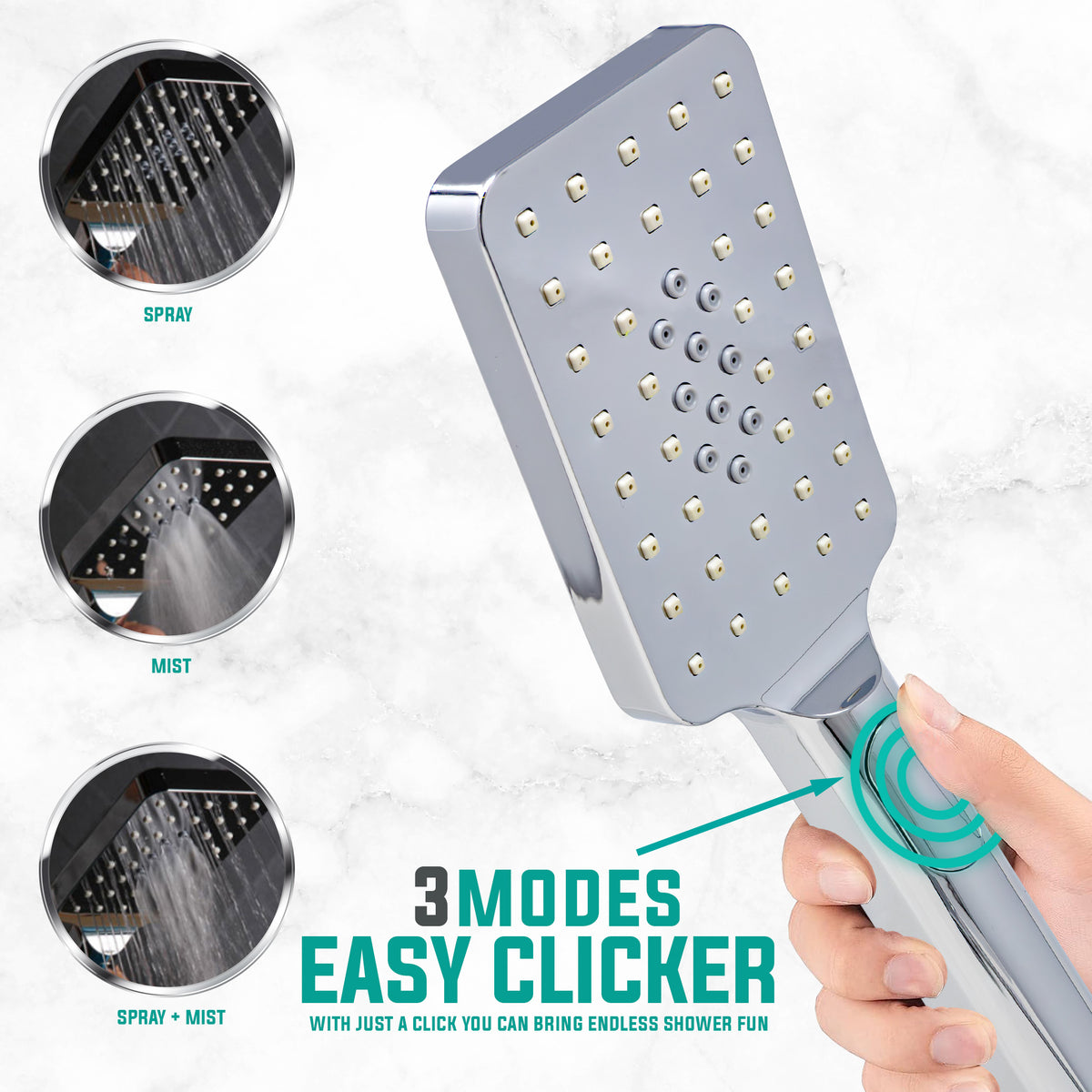 Metpure rectangle handheld shower head, 3 sprays, Easy Clicker, chrome - view 5
