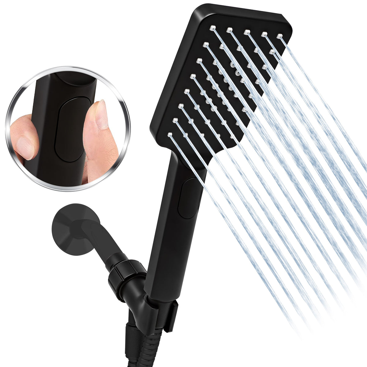 Metpure rectangle handheld shower head with Easy Clicker button, stainless steel hose and adjustable mount