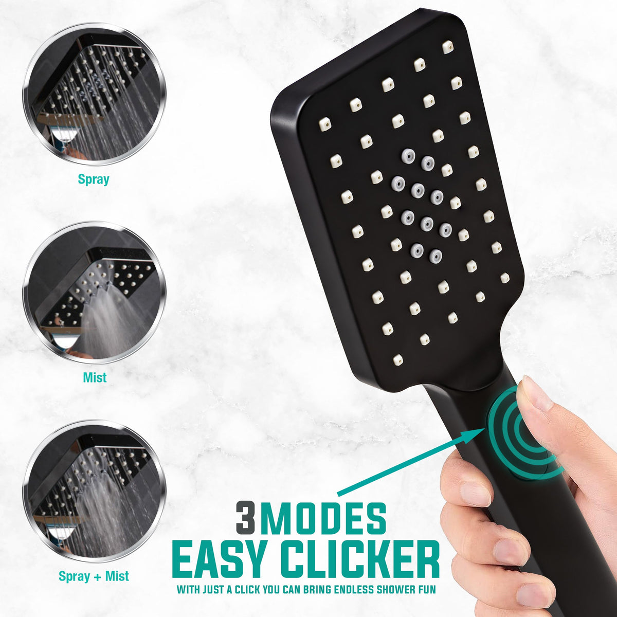 Metpure rectangle handheld shower head with Easy Clicker button, stainless steel hose and adjustable mount