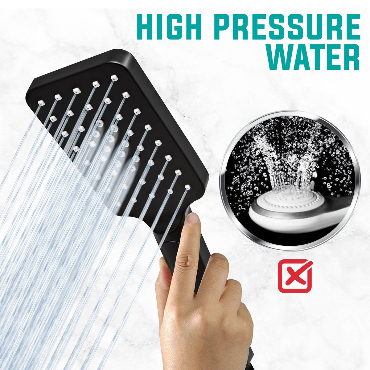 Metpure rectangle handheld shower head with Easy Clicker button, stainless steel hose and adjustable mount