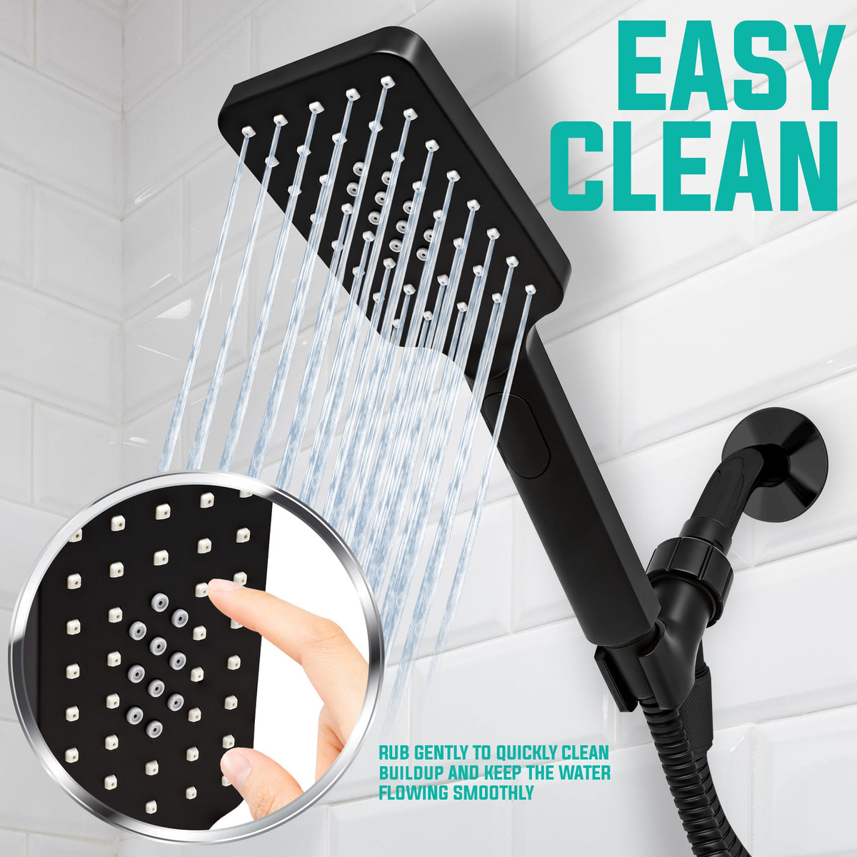 Metpure rectangle handheld shower head with Easy Clicker button, stainless steel hose and adjustable mount