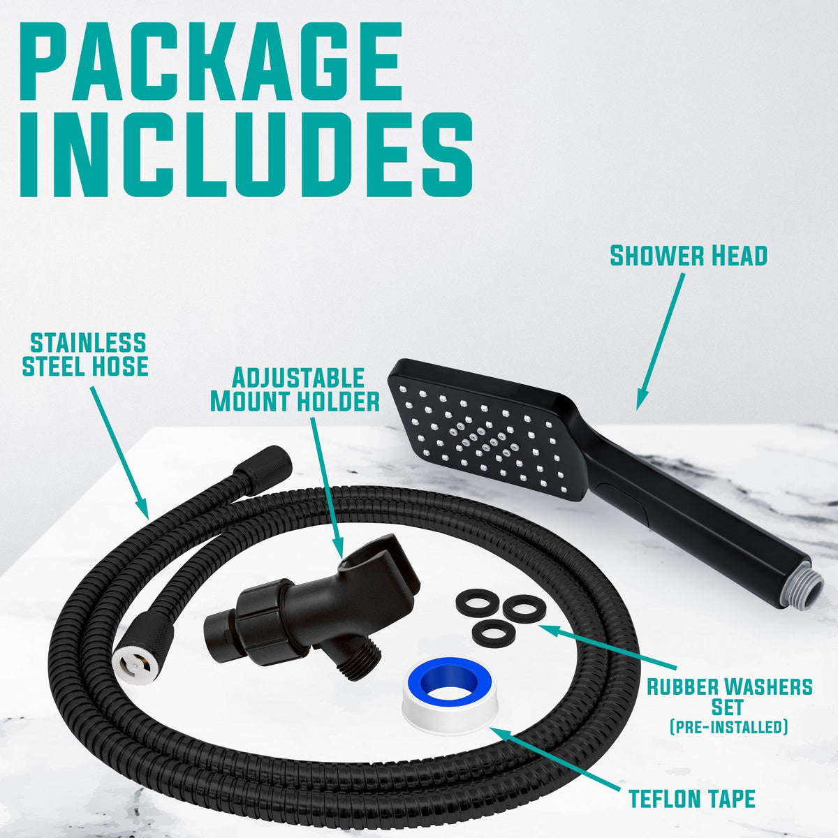 Metpure rectangle handheld shower head with Easy Clicker button, stainless steel hose and adjustable mount