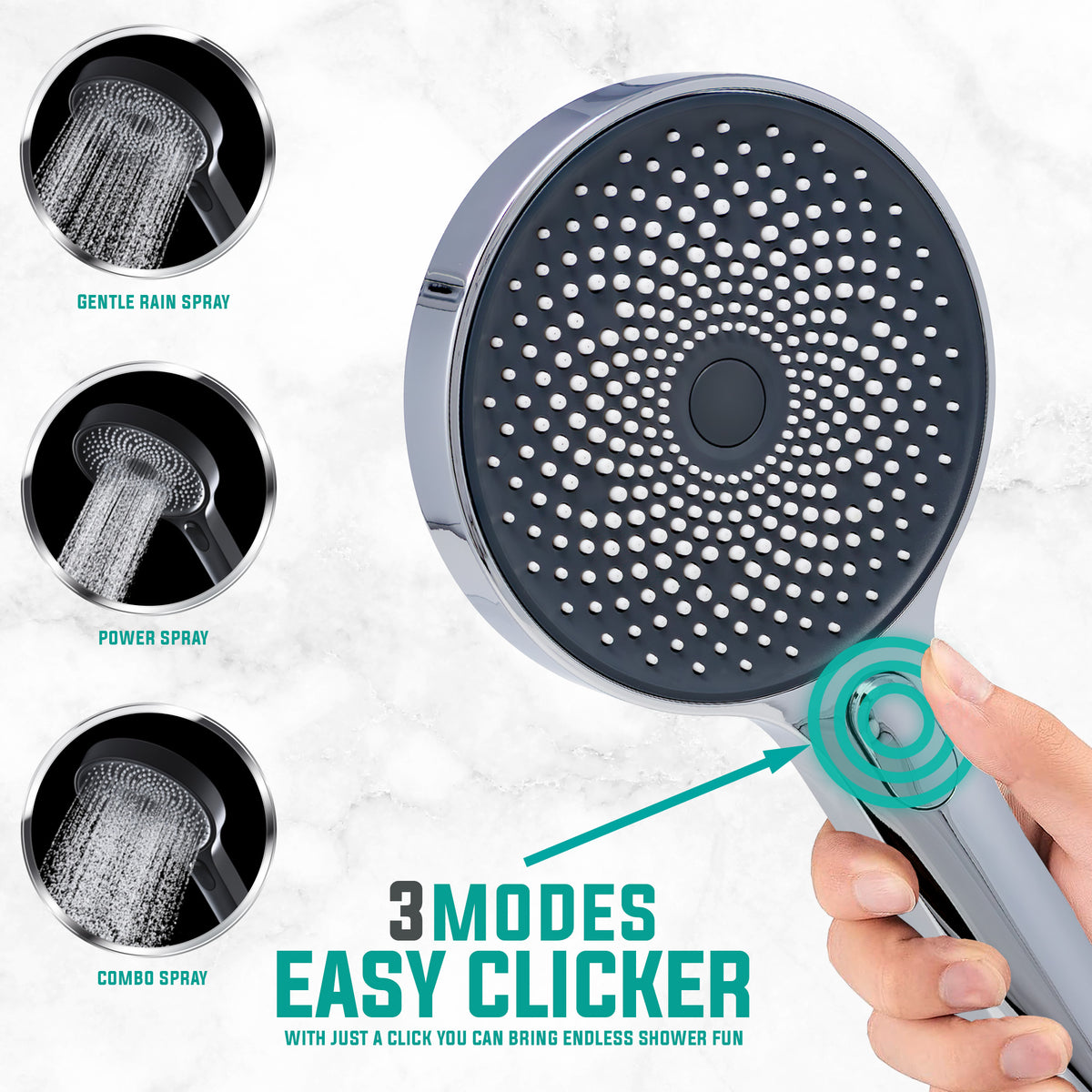 Metpure 5 inch round handheld shower head, 3 sprays, Easy Clicker, chrome - view 6