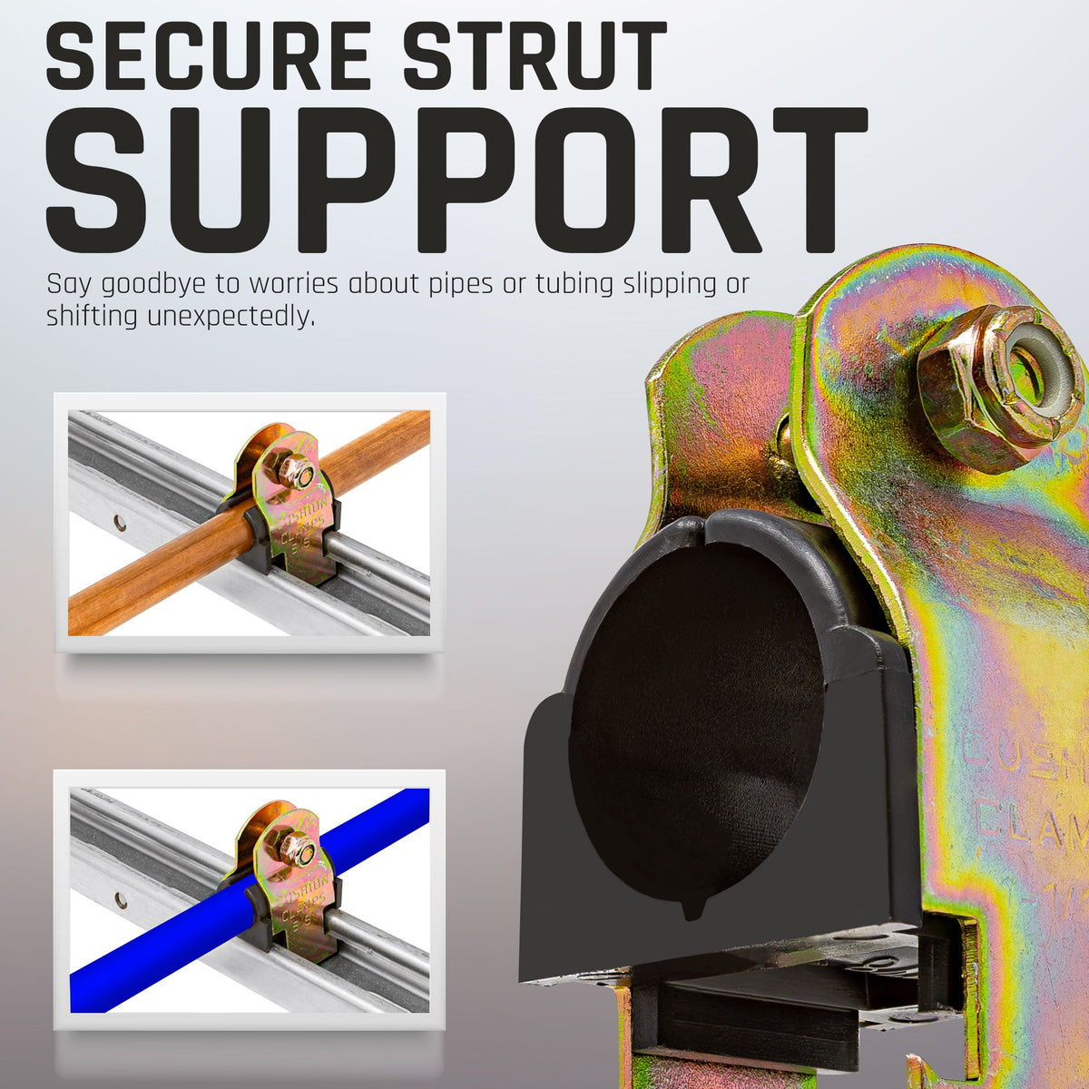 Zinc plated steel strut clamp with rubber cushion for 3/4 inch NOM pipe, 5 pack