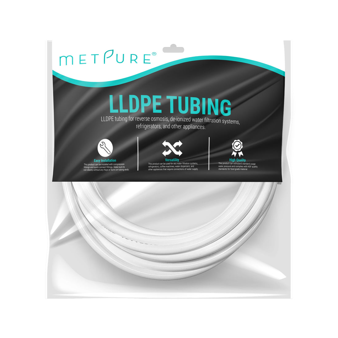 LLDPE 3/8" OD Tube 25 ft Roll in Metpure Retail Bag. Certified by NSF. For Reverse Osmosis De-ionized Water Filtration Systems, Refrigerators, and Other Appliances. White Color