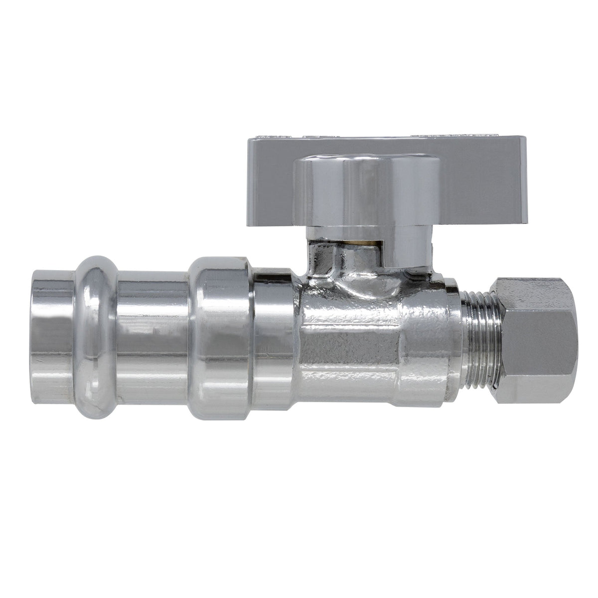 MiiFLEX chrome lead free brass straight stop valve, 1/2 inch press x 3/8 inch OD compression, ProPress compatible