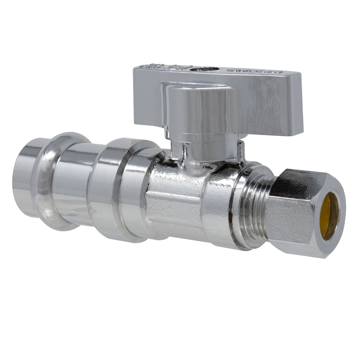 MiiFLEX chrome lead free brass straight stop valve, 1/2 inch press x 3/8 inch OD compression, ProPress compatible