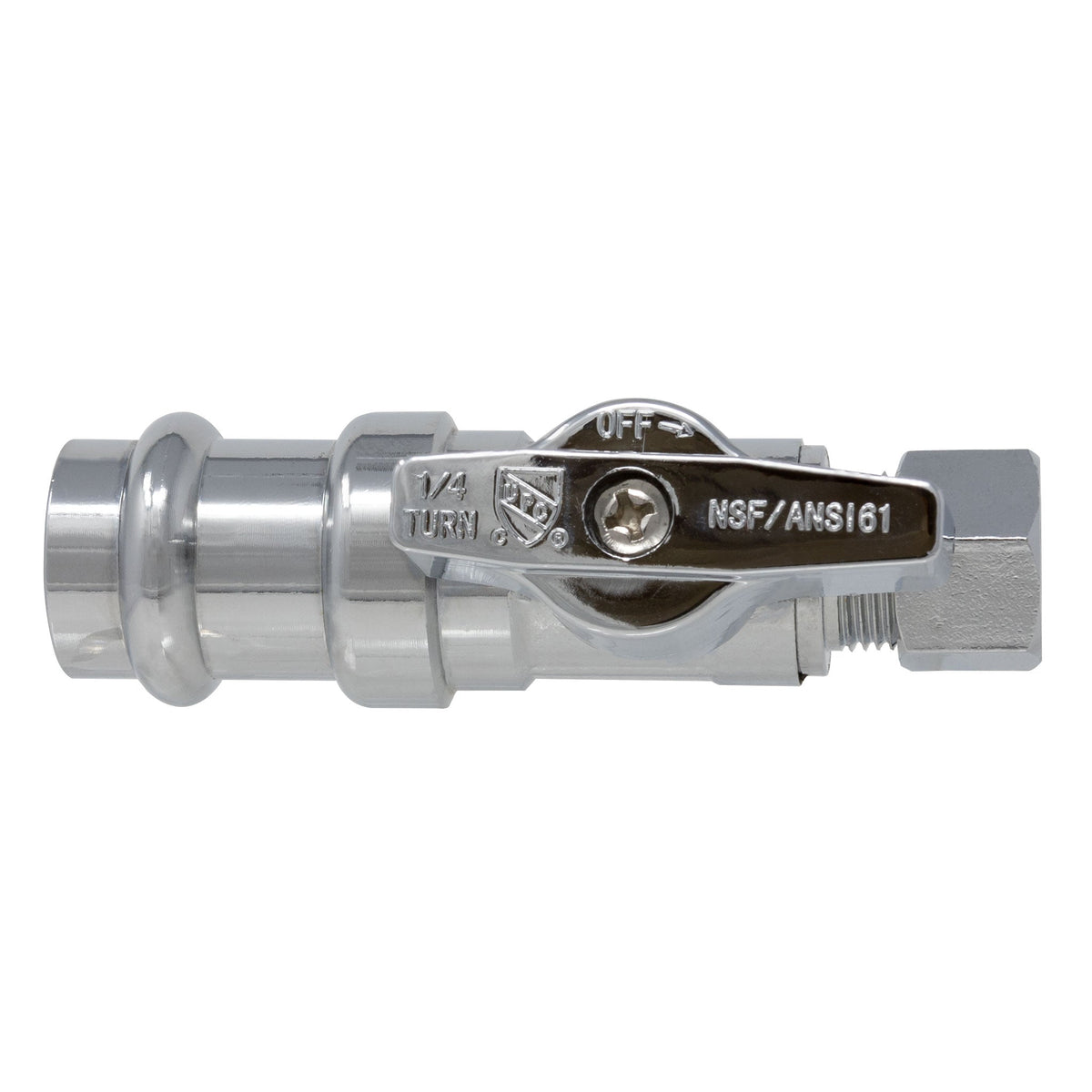MiiFLEX chrome lead free brass straight stop valve, 1/2 inch press x 3/8 inch OD compression, ProPress compatible