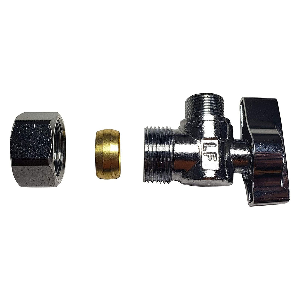 Chrome plated lead free brass quarter turn angle stop valve, 1/2 inch NOM x 3/8 inch OD compression