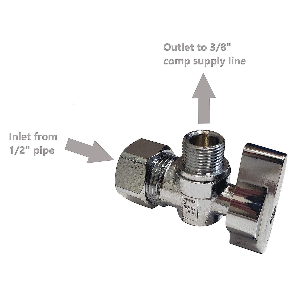 Chrome plated lead free brass quarter turn angle stop valve, 1/2 inch NOM x 3/8 inch OD compression