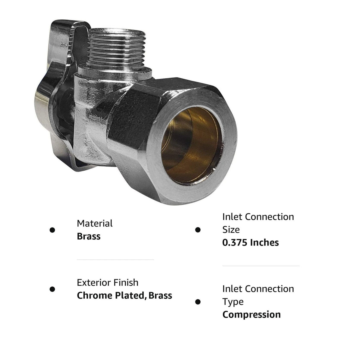 Chrome plated lead free brass quarter turn angle stop valve, 1/2 inch NOM x 3/8 inch OD compression
