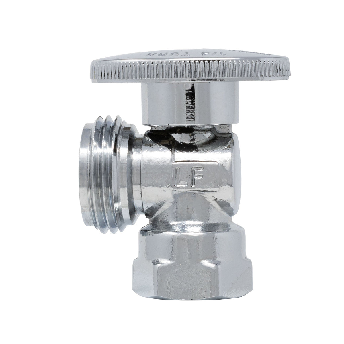 Two chrome plated quarter turn washing machine angle stop valves, 1/2 inch FIP x 3/4 inch MHT