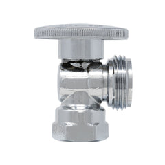 Two chrome plated quarter turn washing machine angle stop valves, 1/2 inch FIP x 3/4 inch MHT