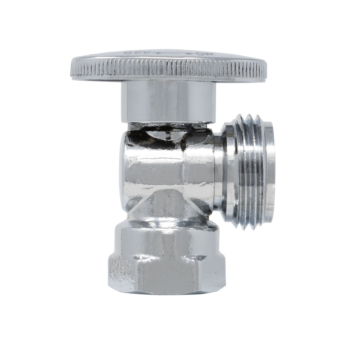 Two chrome plated quarter turn washing machine angle stop valves, 1/2 inch FIP x 3/4 inch MHT