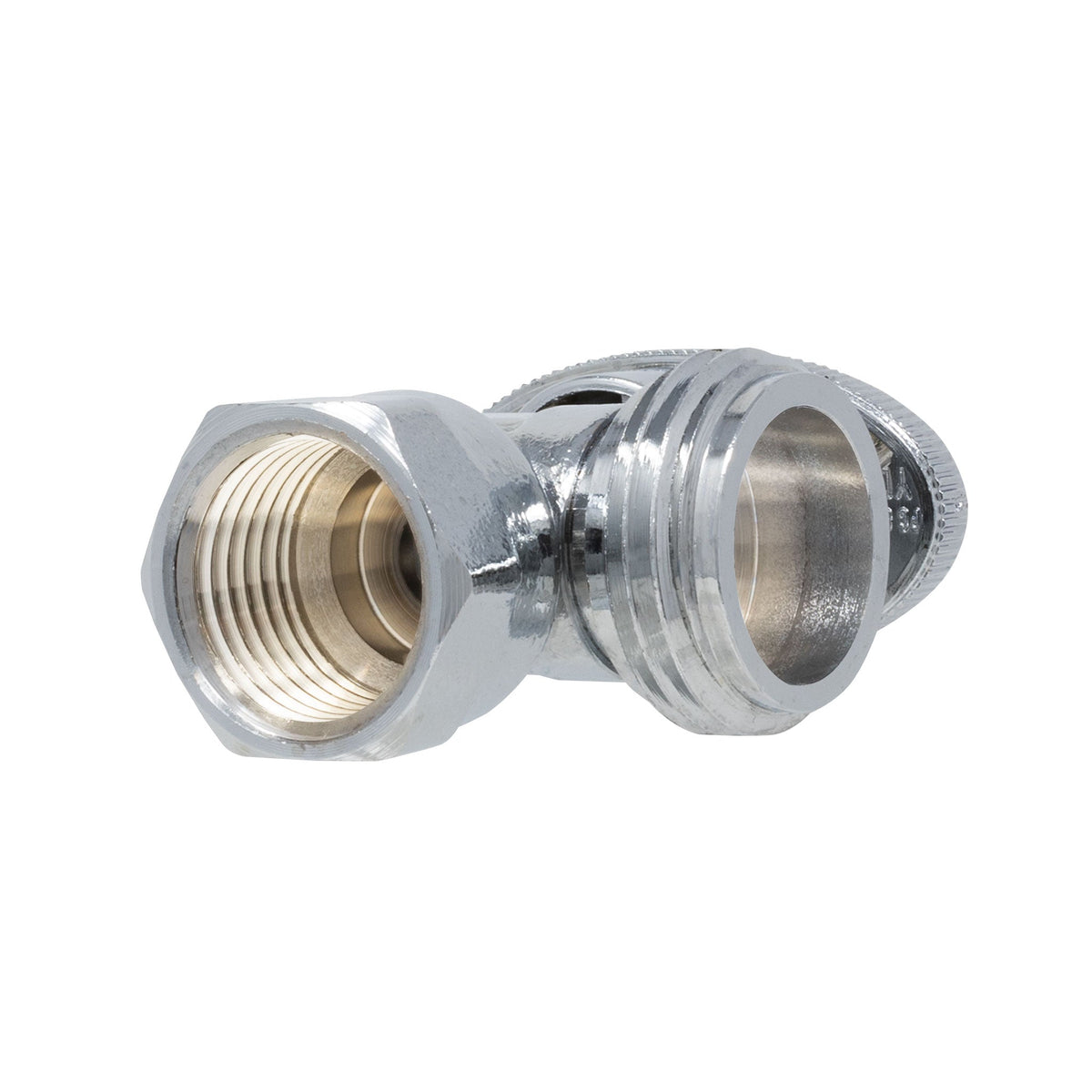 Two chrome plated quarter turn washing machine angle stop valves, 1/2 inch FIP x 3/4 inch MHT