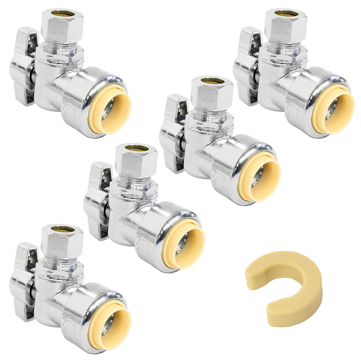 Lead free brass push fit 1/4 turn angle stop valve, 1/2 inch NOM x 3/8 inch OD compression, 5 pack