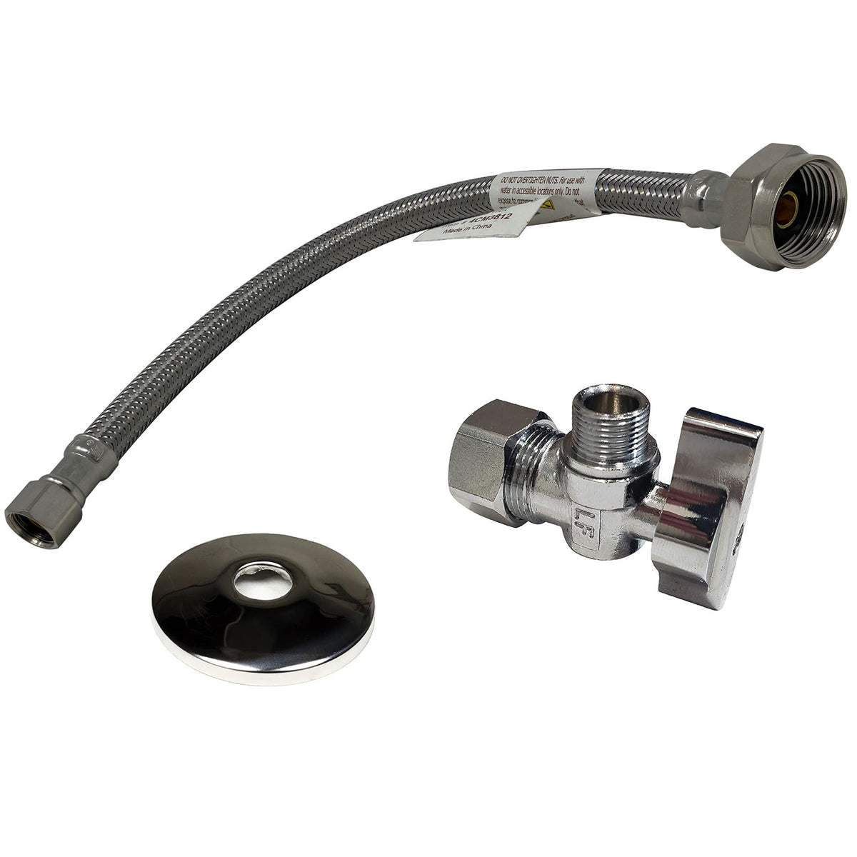 Complete toilet set valve kit, 1/2 inch NOM x 3/8 inch OD compression angle shut off, escutcheon and 12 inch braided supply line