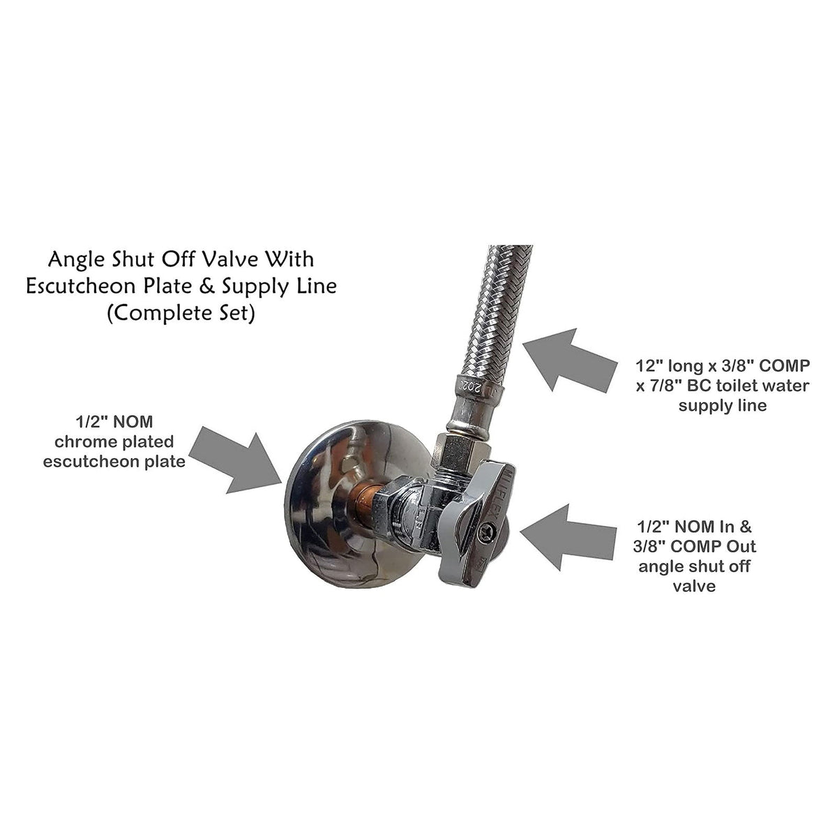 Complete toilet set valve kit, 1/2 inch NOM x 3/8 inch OD compression angle shut off, escutcheon and 12 inch braided supply line - view 2