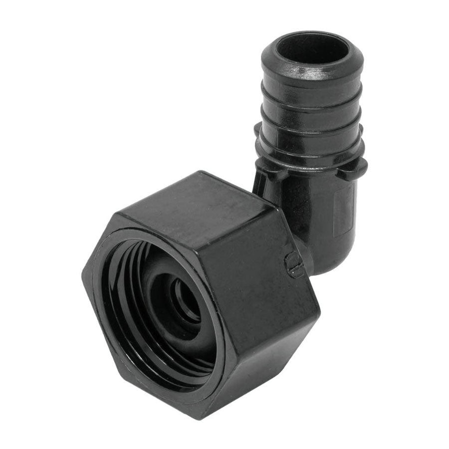 3/4" PEX B Crimp Barb x 3/4" FPT PPSU Black Poly 90° Swivel Elbow, ASTM F2159
