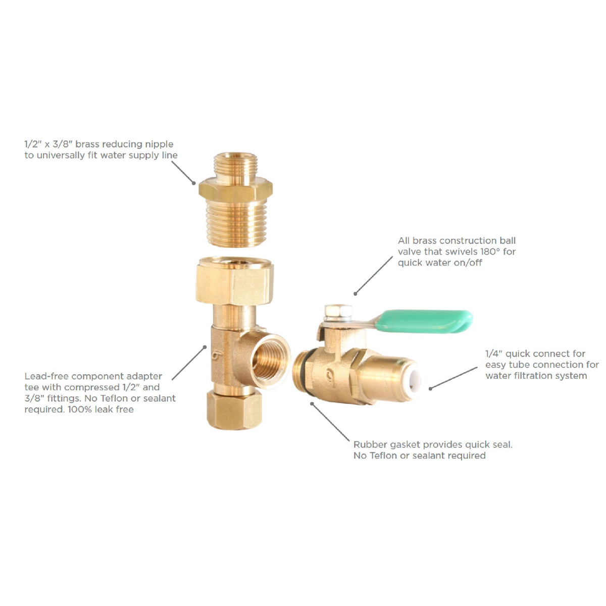 Metpure lead free brass EZ RO feed water adapter tee with quick connect ball valve