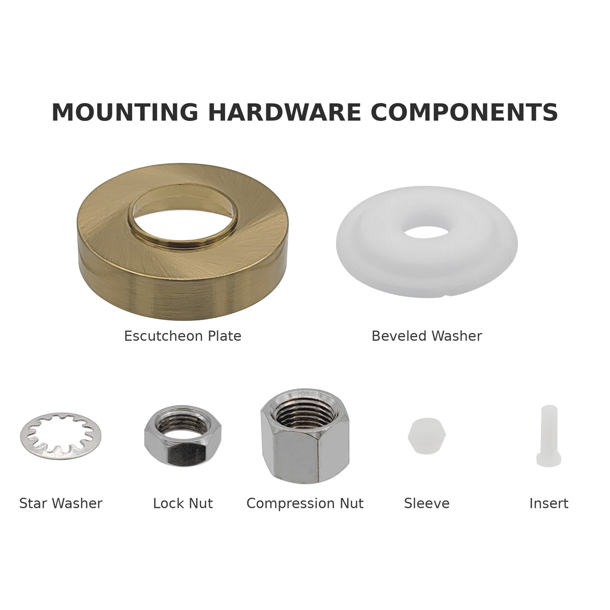 Labeled parts diagram of Brushed Gold FA-08/FA-09 RO faucet mounting hardware kit