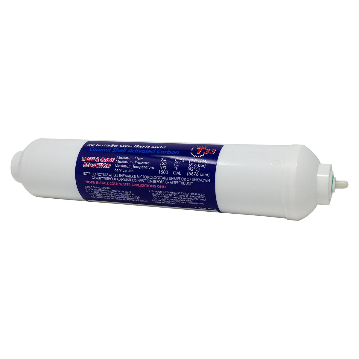 Clean Pure 2 x 10 inch inline coconut carbon GAC water filter with 1/4 inch OD quick connect ends