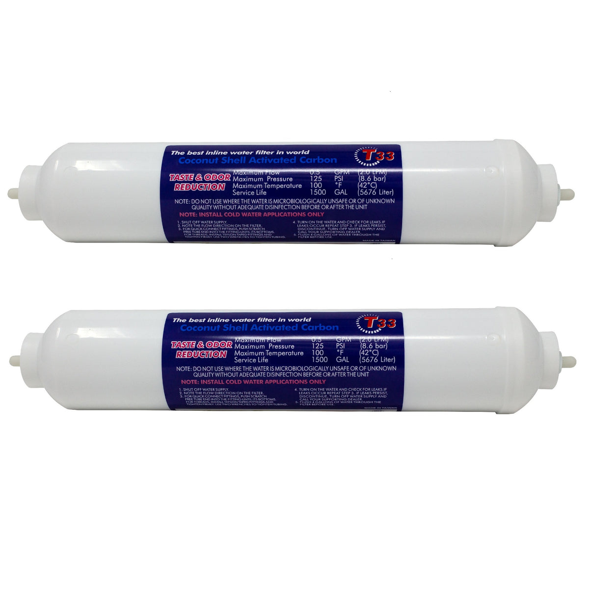 Clean Pure 2 x 10 inch inline coconut carbon GAC water filter with 1/4 inch OD quick connect ends, 2 pack