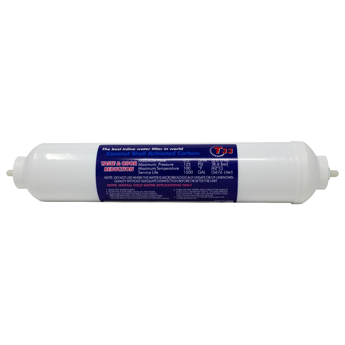 Clean Pure 2 x 10 inch inline coconut carbon GAC water filter with 1/4 inch OD quick connect ends