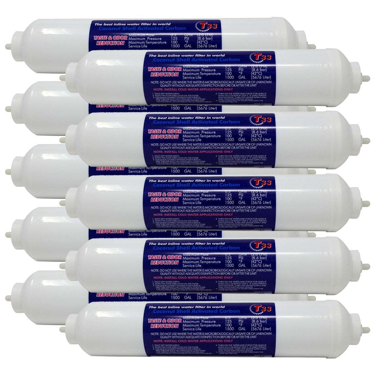 Clean Pure 2 x 10 inch inline coconut carbon GAC water filter with 1/4 inch OD quick connect ends, 10 pack