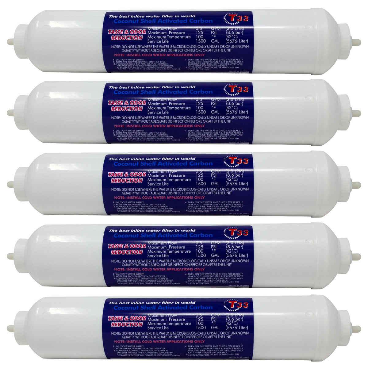 Clean Pure 2 x 10 inch inline coconut carbon GAC water filter with 1/4 inch OD quick connect ends, 5 pack