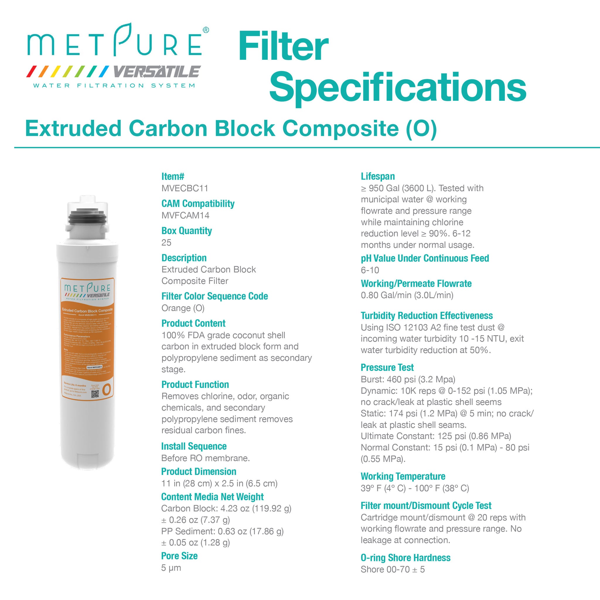 Metpure Versatile Carbon Block CTO + PP - Orange Composite Filter, 5 Micron, Quick Twist (O), Drinking Water Filtration System filter, Replacement Cartridge, 11" x 2.5"