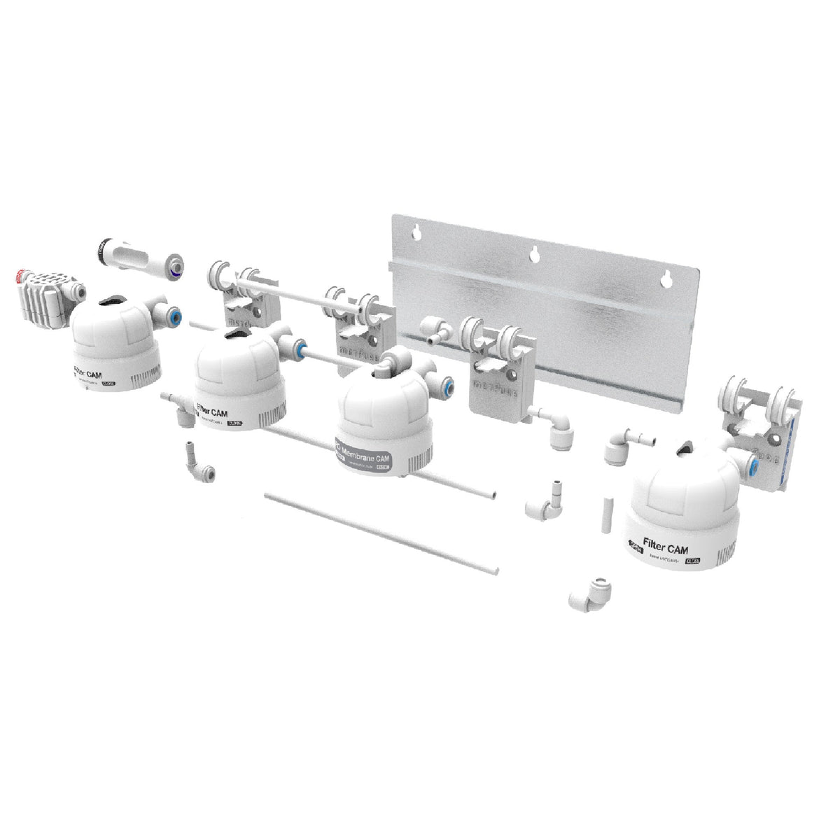 Metpure Versatile 4 stage system base with CAM filter heads on rail mount