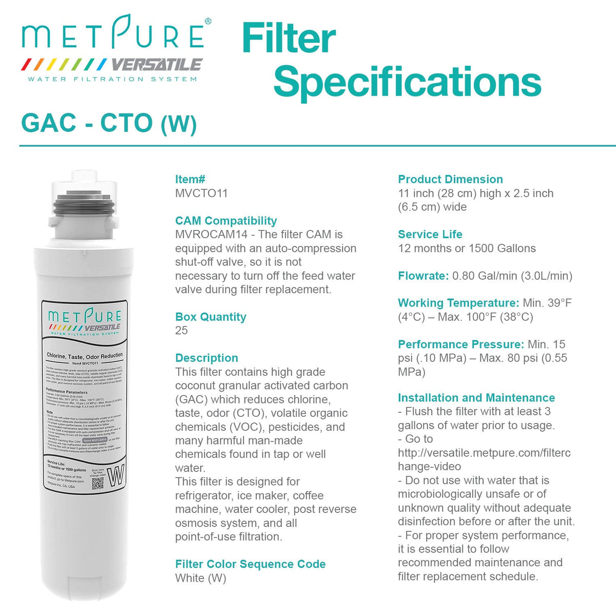 Metpure Versatile quick twist CTO replacement water filter, white, 11 x 2.5 inch