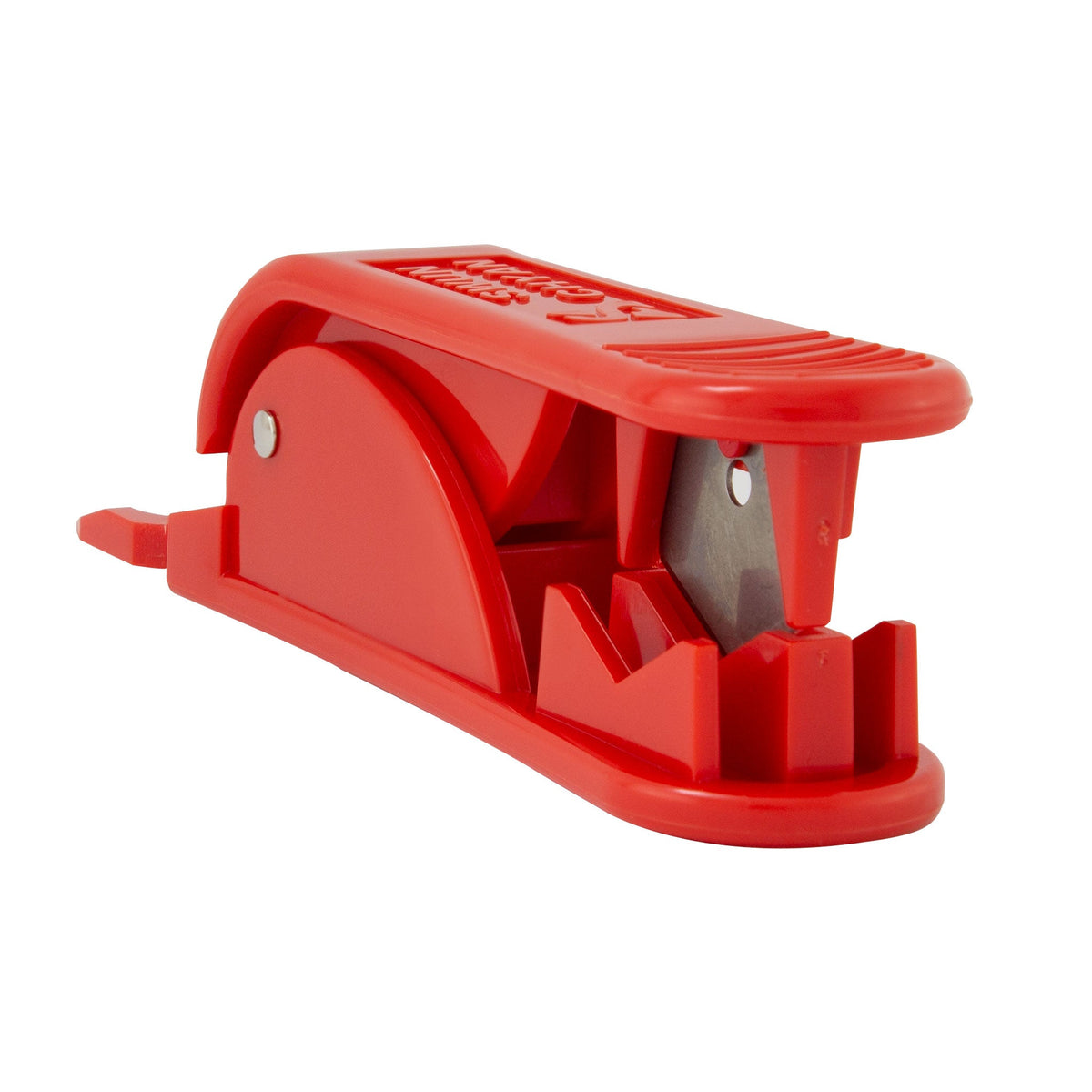 Red plastic tubing cutter with stainless steel blade for 1/8 to 3/4 inch tube