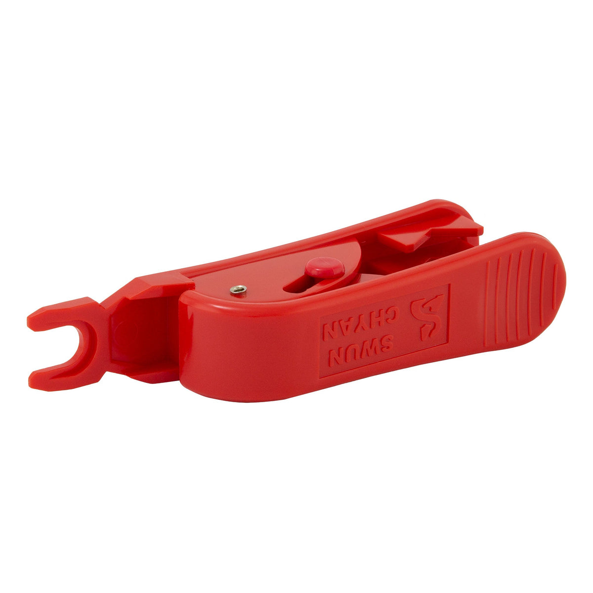 Red plastic tubing cutter with stainless steel blade for 1/8 to 3/4 inch tube