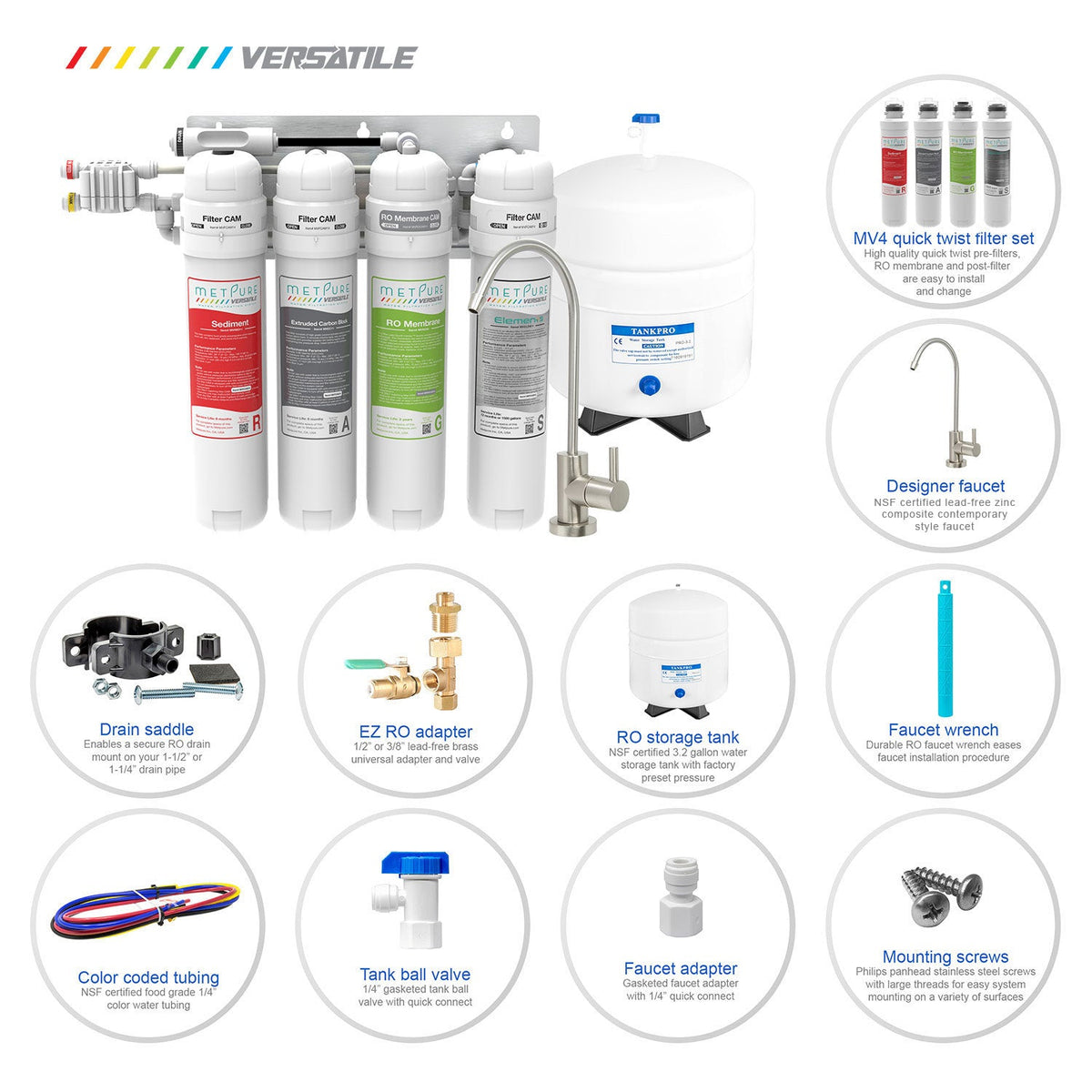 Metpure Versatile MV4-RAGS 4 stage reverse osmosis water filtration system with faucet and tank