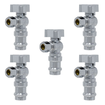 1/4 Turn Angle Stop Valve, 1/2" Press x 3/8" OD Compression Heavy Duty Chrome Plated Lead Free Brass with Ferrule and Nut, ProPress Compatible. 5 Pack