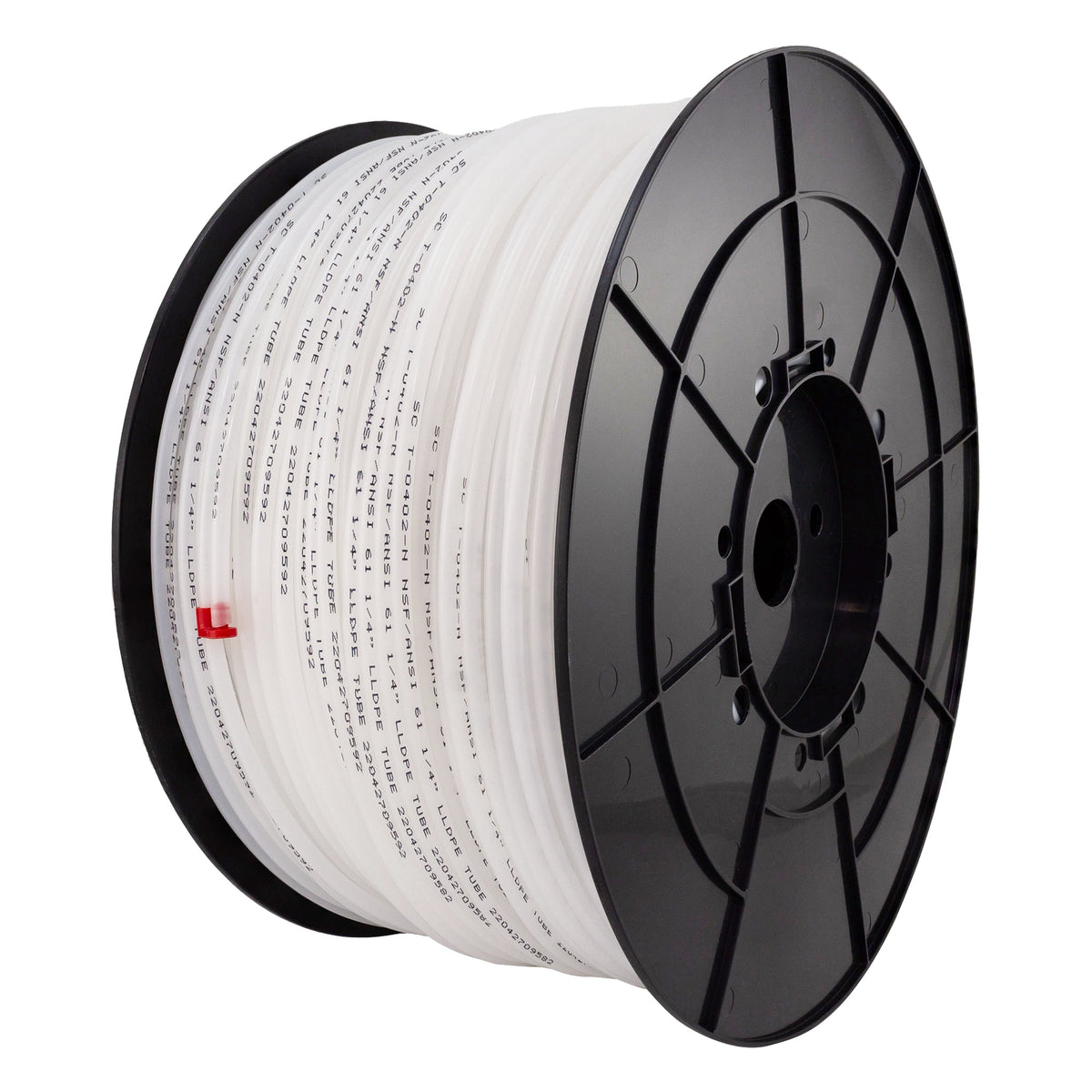 1000 ft roll of 1/4 inch OD clear LLDPE tubing on a spool