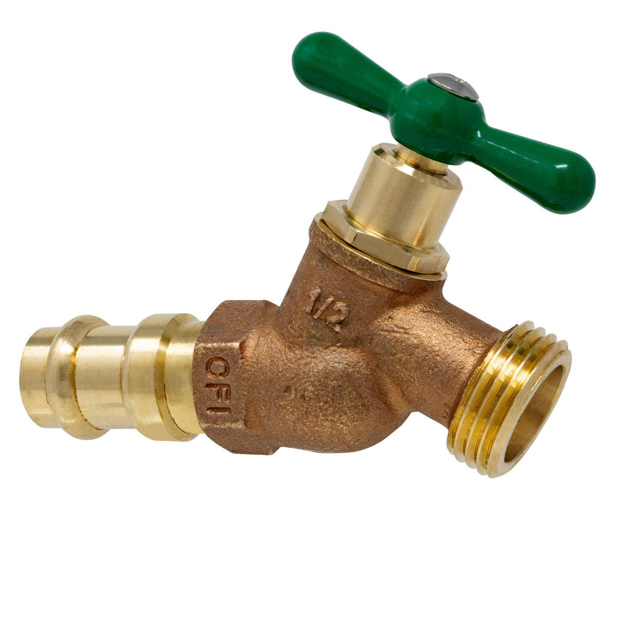 1/2 inch press x 3/4 inch MHT lead free brass no-kink hose bibb with green tee handle
