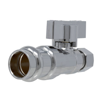 1/4 Turn Angle Straight Stop Valve, 1/2" Press x 3/8" OD Compression Heavy Duty Chrome Plated Lead Free Brass with Ferrule and Nut, ProPress Compatible