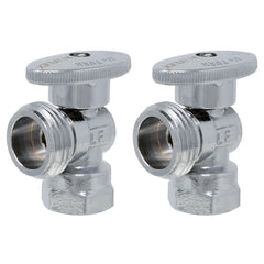 Two chrome plated quarter turn washing machine angle stop valves, 1/2 inch FIP x 3/4 inch MHT