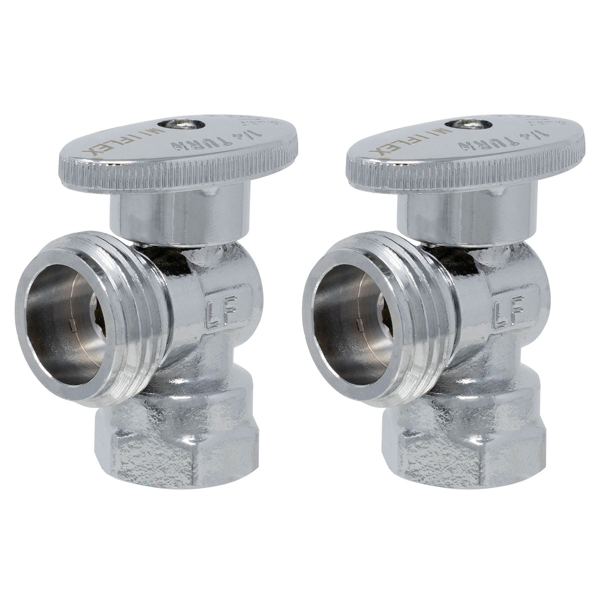 Two chrome plated quarter turn washing machine angle stop valves, 1/2 inch FIP x 3/4 inch MHT