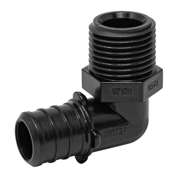 1/2" PEX B Crimp Barb x 1/2" MPT PPSU Black Poly 90° Elbow, ASTM F2159
